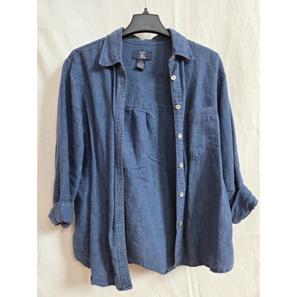 Hunt Club Women's Blue 100% Linen Button Up Shirt Size 8 Long Sleeve Top Denim L